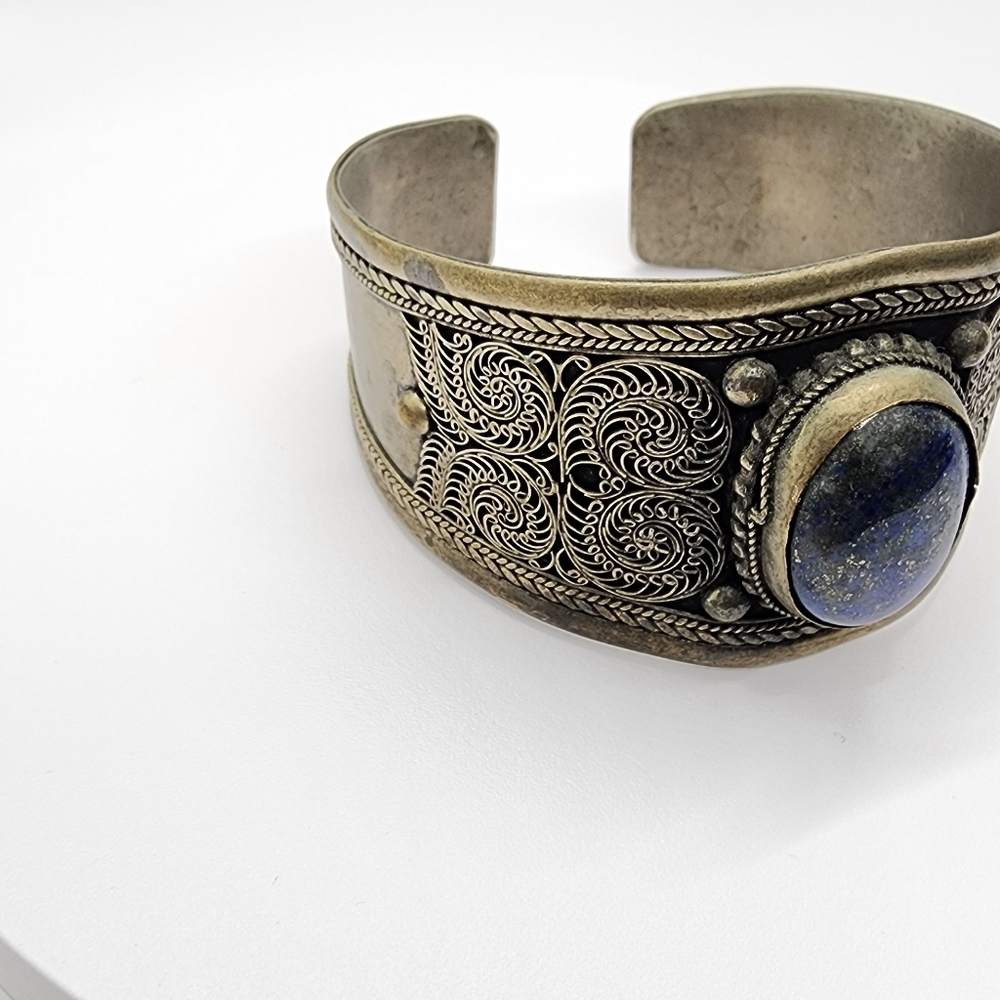 Vintage Lapis Lazuli Stone Old Brass  Decorative Cuff Bracelet - Picture 11 of 14
